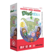 Dinótéka társasjáték doboza perspektívából, a borítón T-rex és gyerekek illusztrációjával.