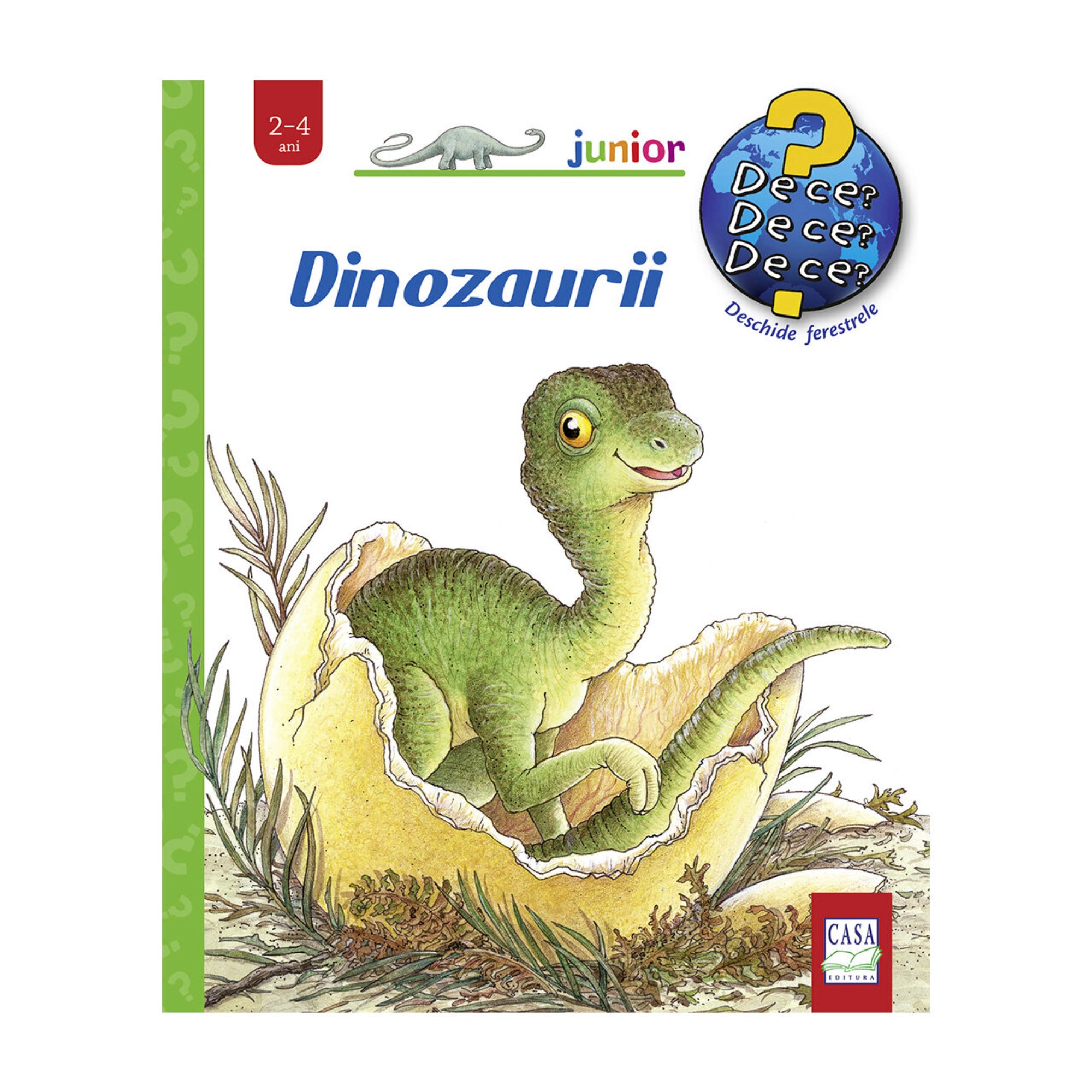 Dinozaurii – gyerekkönyv borító, amelyen egy zöld kis dinoszaurusz kel ki a tojásból, homokos és növényes háttérrel