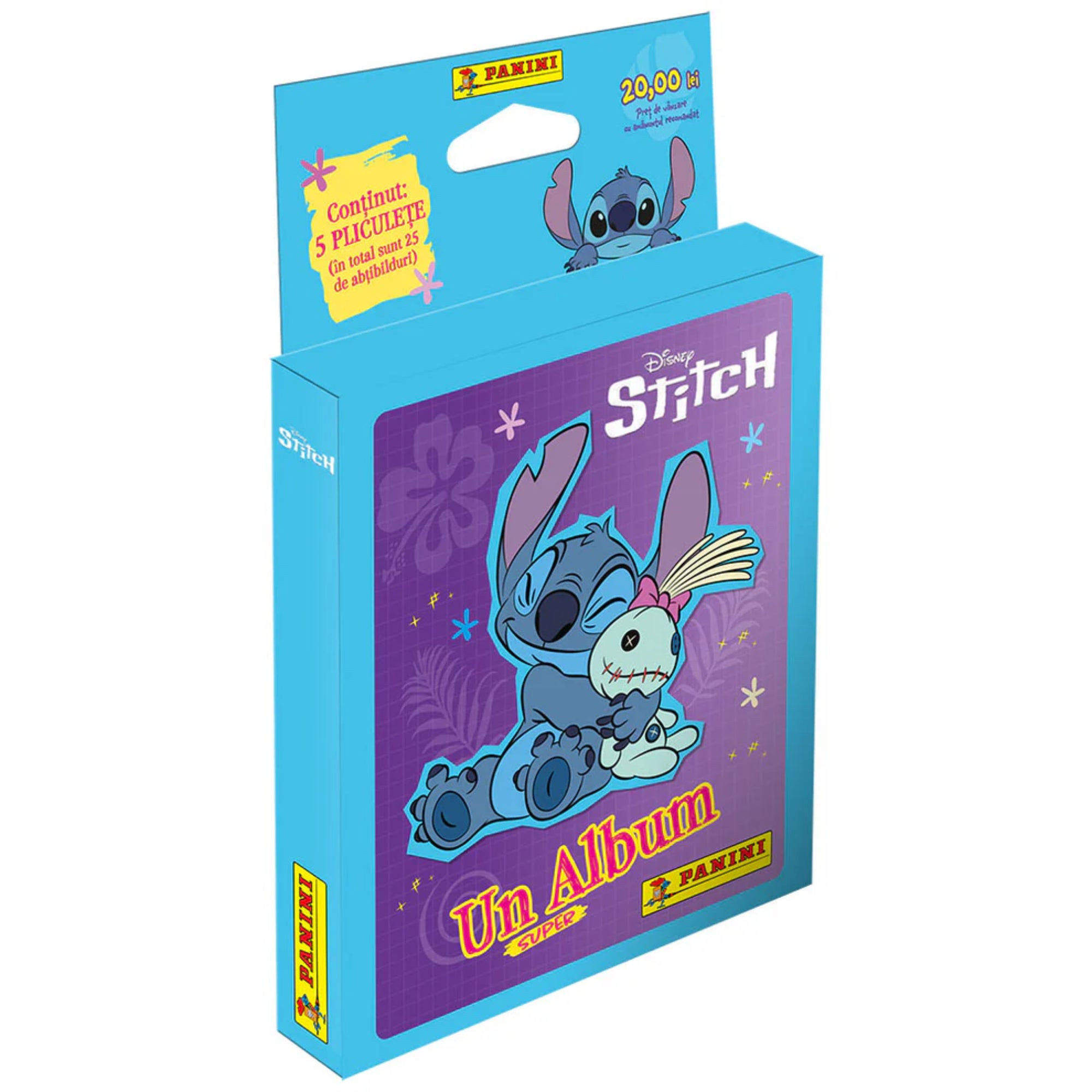 Disney Stitch – Un Album Super díszdobozos csomagolása kék háttérrel, elöl Stitch plüssjátékkal, Panini logóval és 5 matricacsomagot tartalmazó felirattal.