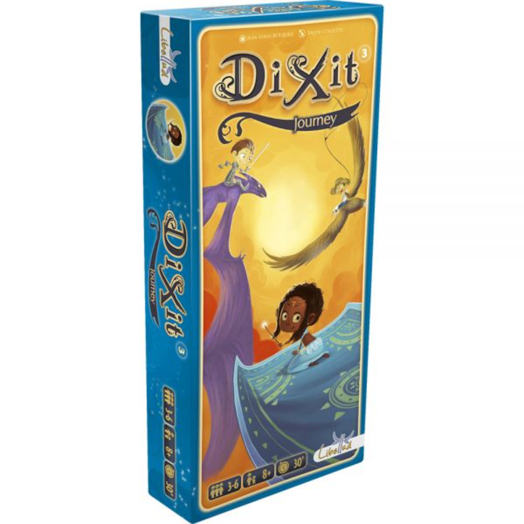 A Dixit 3: Journey társasjáték doboza, amely kék színű kerettel és sárgás-narancs árnyalatú illusztrációval díszített. A borítón egy varázsszőnyegen utazó gyerek látható, mellette egy óriási lila madár és egy repülő ember. A dobozon a játék neve, valamint a játékosok száma (3–6), az ajánlott életkor (8+), és a játékidő (30 perc) is szerepel.