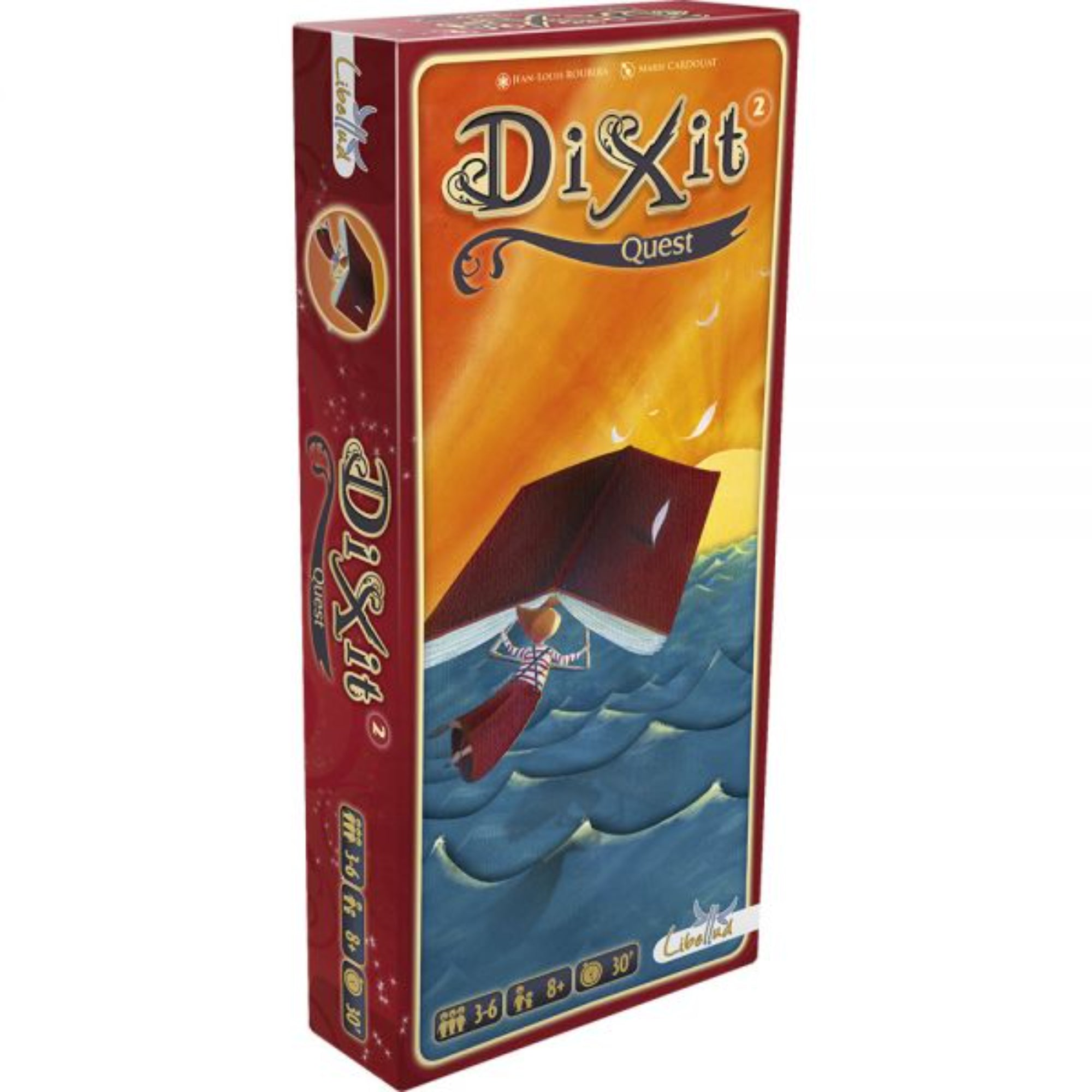 A Dixit Quest társasjáték doboza, amely vörös színű, és egy művészien illusztrált jelenetet ábrázol, ahol egy hatalmas könyv lebeg a hullámzó tenger felett, mintha egy hajó lenne. A dobozon a játék neve, valamint a játékosok száma (3–6), az ajánlott életkor (8+), és a játékidő (30 perc) is feltüntetve.