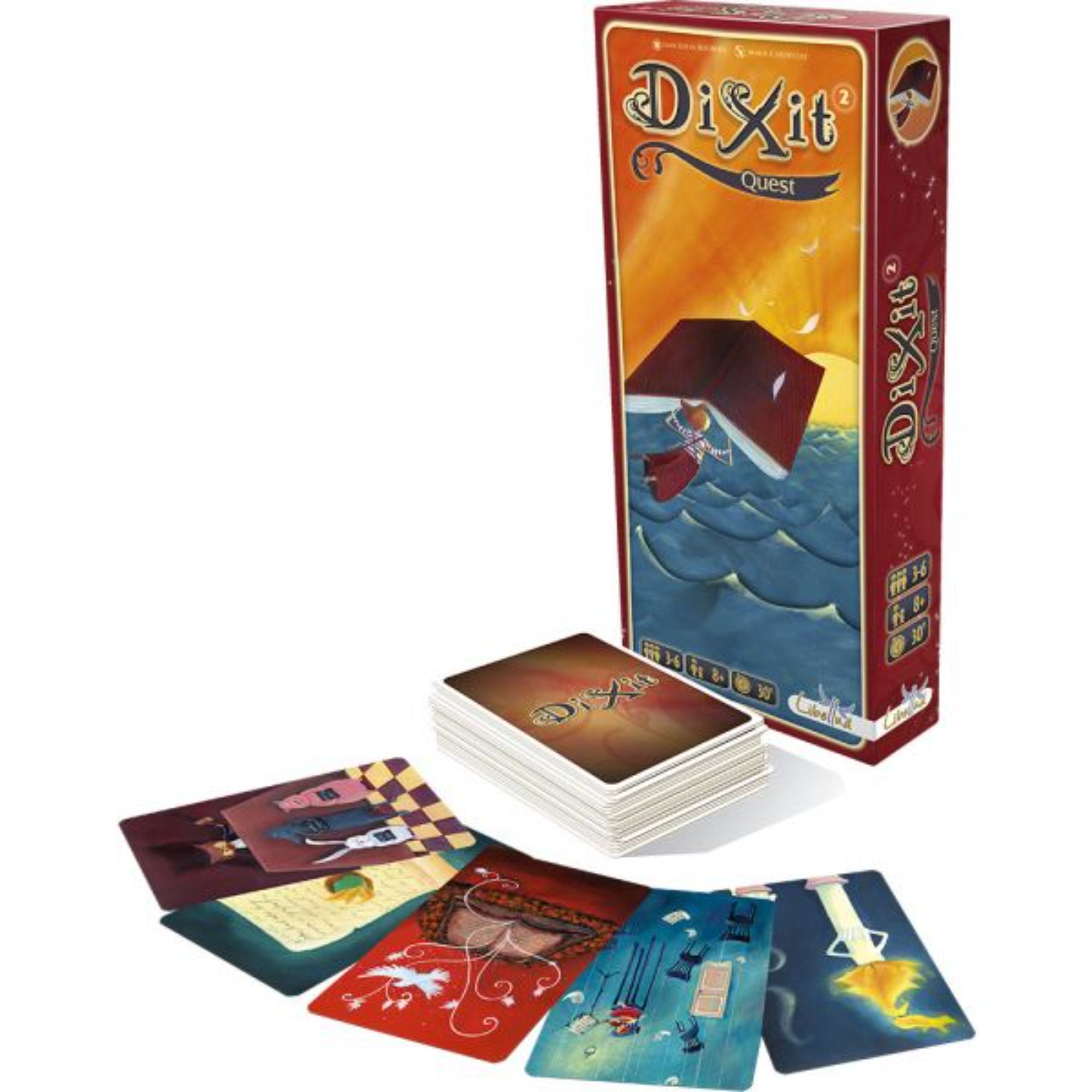 A Dixit Quest társasjáték doboza, amely mellett egy pakli játékkártya és néhány színes, fantáziadús illusztrációval ellátott kártya látható. A doboz vörös színű, és egy lebegő könyvet ábrázoló művészi grafikával díszített. A játék kártyáin változatos, képzeletgazdag képek találhatók, amelyek a játék történetmesélős jellegét hangsúlyozzák.
