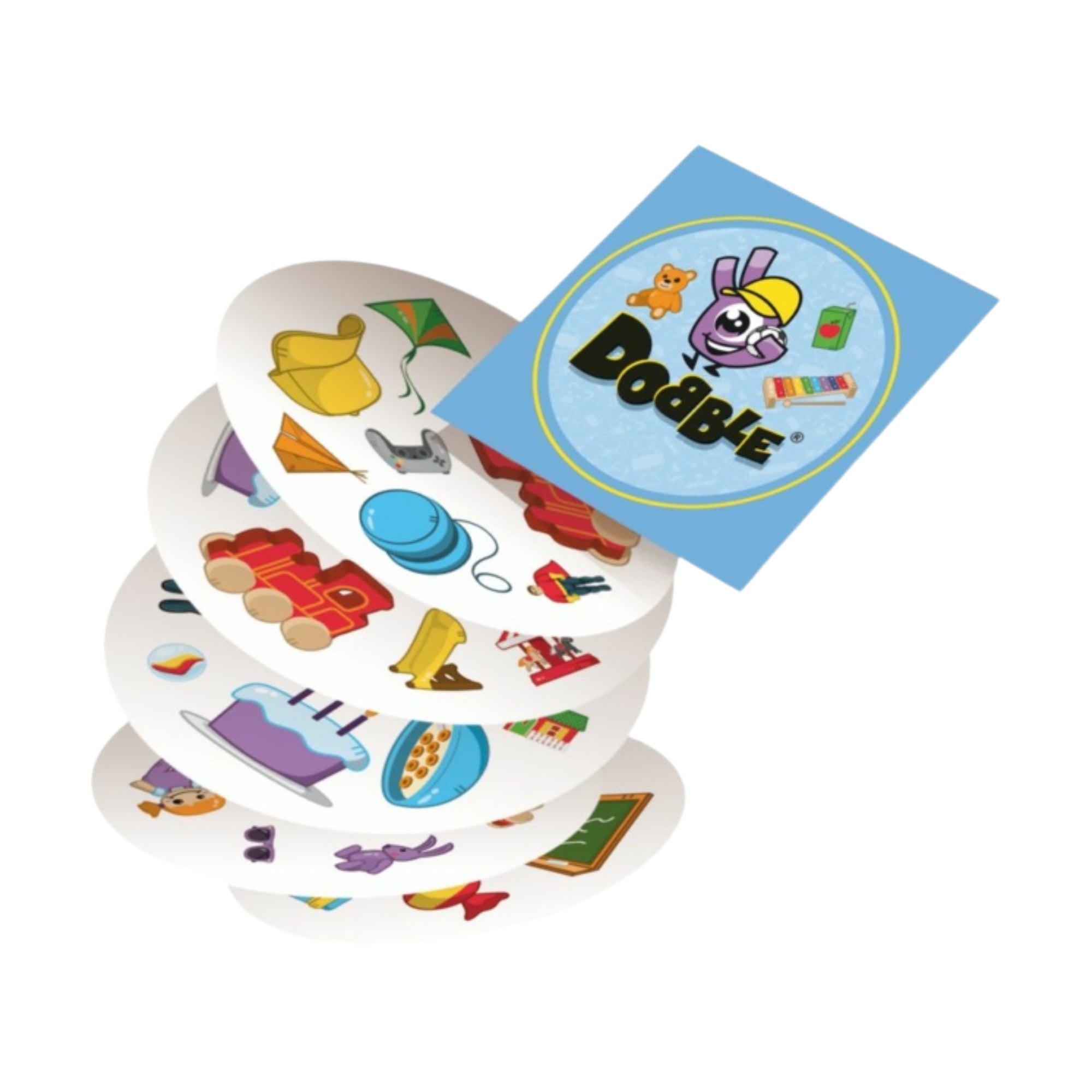 "Dobble Kids" játék néhány kártyájának közeli képe, melyek szórakoztató és egyszerű felismerési feladatokat tartalmaznak.





