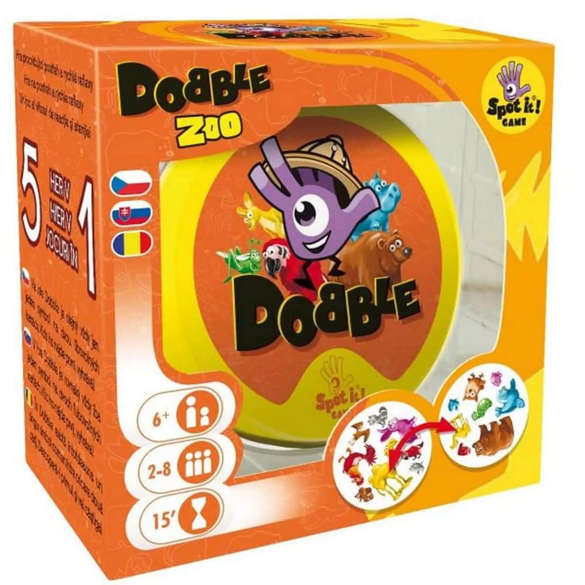 A Dobble Zoo társasjáték doboza, élénk színekkel és állatos illusztrációkkal, amely gyorsaságra és megfigyelésre épülő játékot kínál.