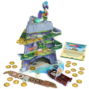 Dodo társasjáték – Összeállított játéktorony több szinttel, tojással, hajóval és fa jelölőkkel játék közben.