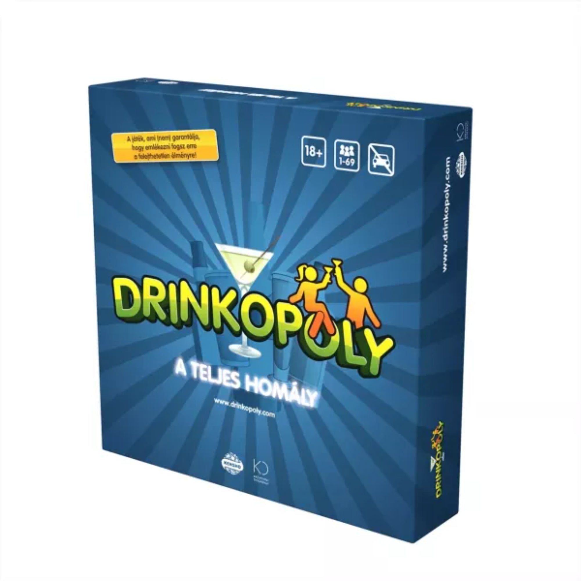 Drinkopoly – A teljes homály magyar nyelvű társasjáték doboza elölnézetből, kék háttérrel, koktélpohár grafikával és bulizós hangulatú dizájnnal