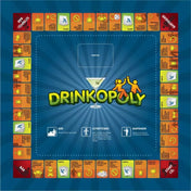 Drinkopoly – A teljes homály társasjáték játéktáblája felülnézetből, körbefutó ivós mezőkkel, bár, sztriptízbár és bartender állomásokkal, felnőtt partijátékhoz