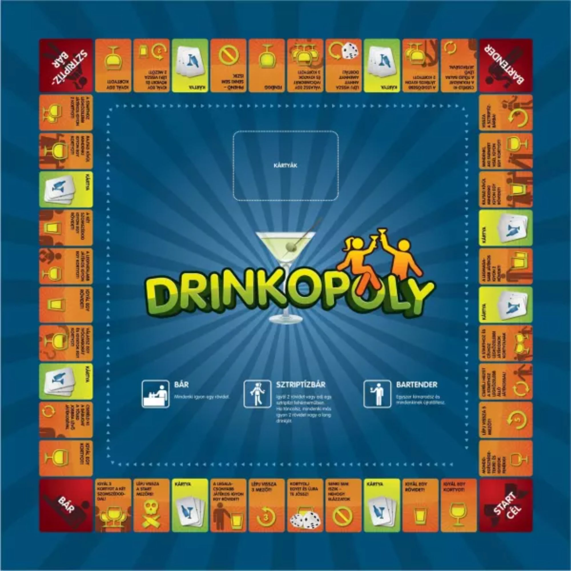 Drinkopoly – A teljes homály társasjáték játéktáblája felülnézetből, körbefutó ivós mezőkkel, bár, sztriptízbár és bartender állomásokkal, felnőtt partijátékhoz
