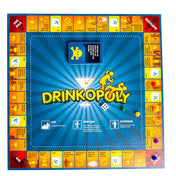 Drinkopoly társasjáték színes játéktáblája felülnézetből, ivós mezőkkel, „bar”, „strip-bar” és „bartender” zónákkal, Start és Finish mezőkkel, középen a Drinkopoly logóval.