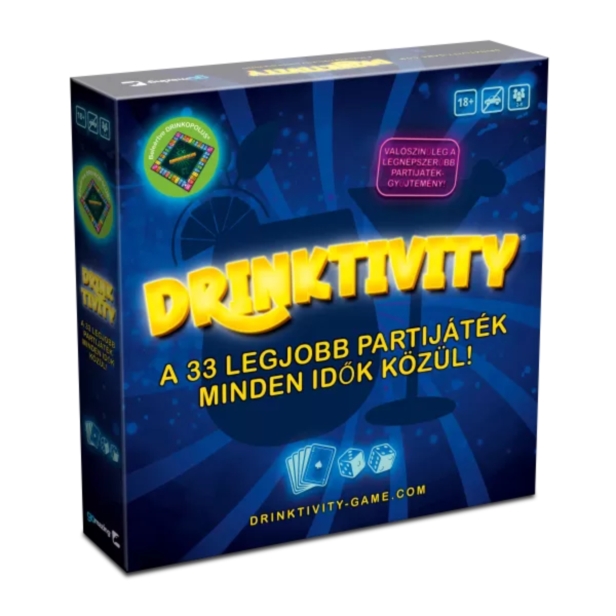 Drinktivity magyar nyelvű ivós társasjáték doboza elölnézetből, sötétkék háttérrel és sárga logóval, „A 33 legjobb partijáték minden idők közül!” felirattal, 18+ felnőtteknek szóló bulijáték