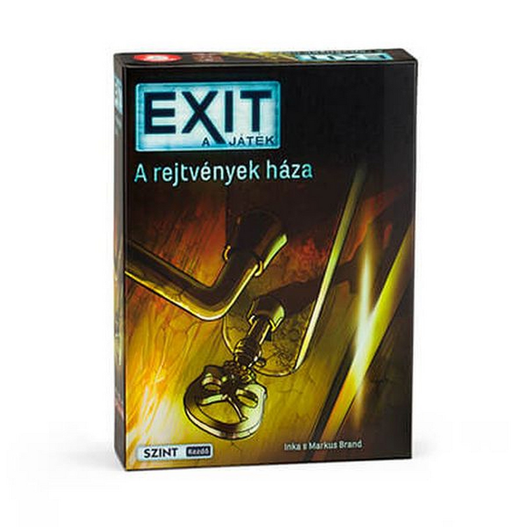 „EXIT – A rejtvények háza társasjáték doboza, sötét hangulatú borítóval és csövek között lógó kulccsal.”