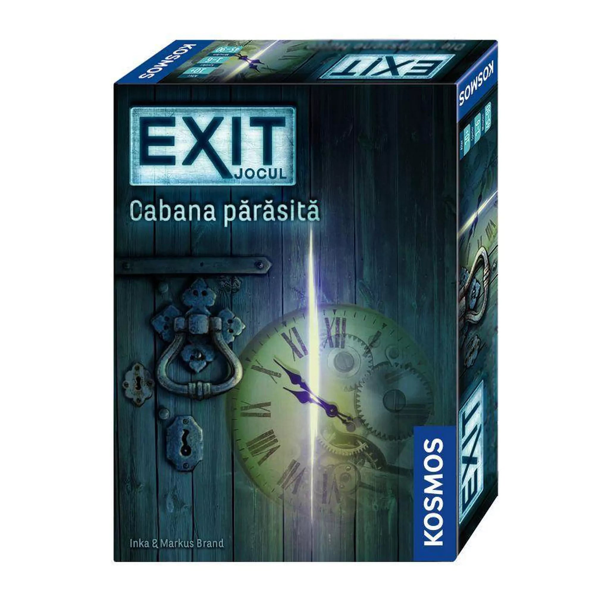 Az „EXIT – Cabana părăsită” társasjáték román nyelvű doboza, sötét fahatású ajtóval, kulcslyukkal és egy világító óramutatós rejtéllyel a középpontban.