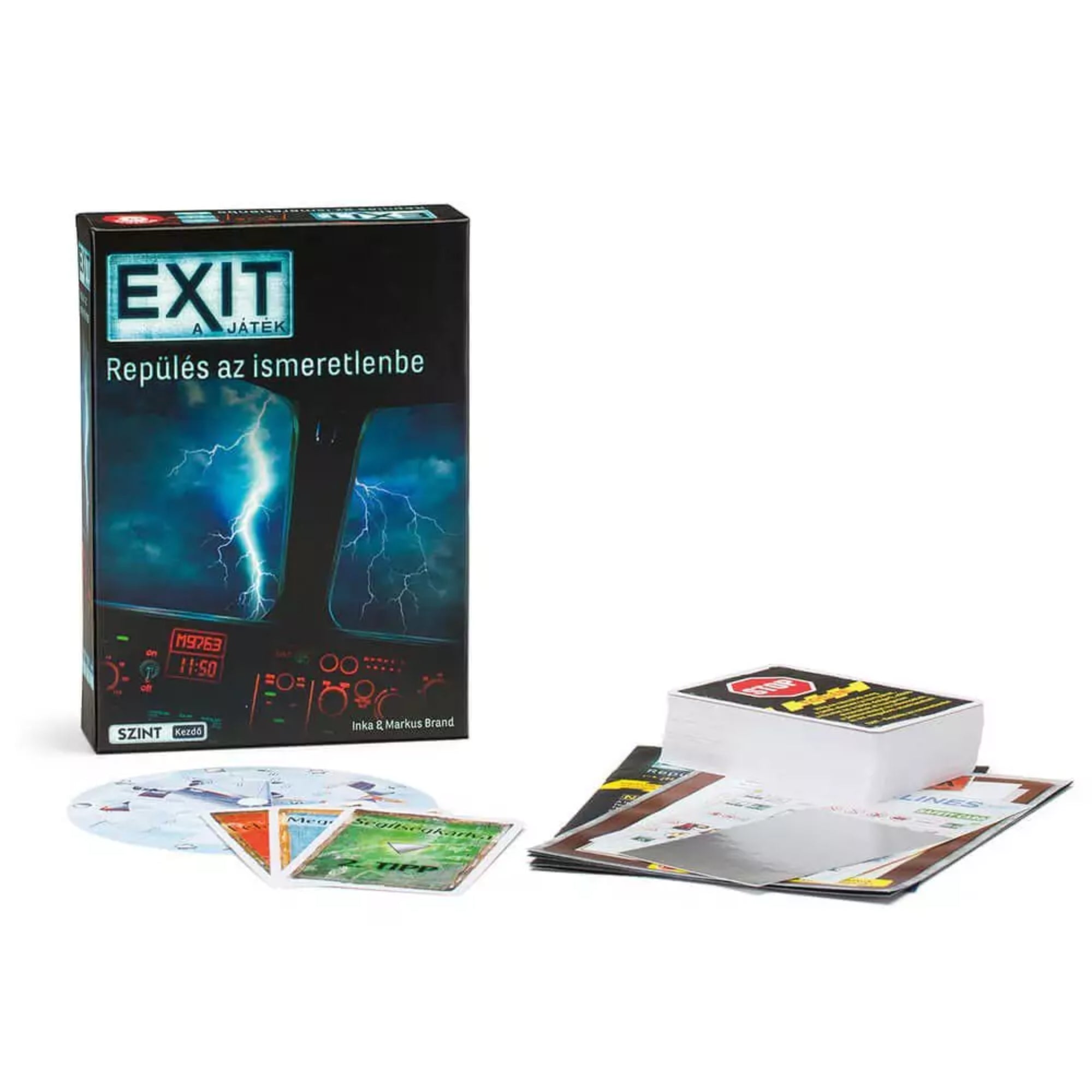 EXIT – Repülés az ismeretlenbe társasjáték doboza és tartozékai: kártyapakli, kódtárcsa, játéklapok és feladványok, mind a repülés tematikájához illeszkedő, izgalmas menekülős játékhoz.