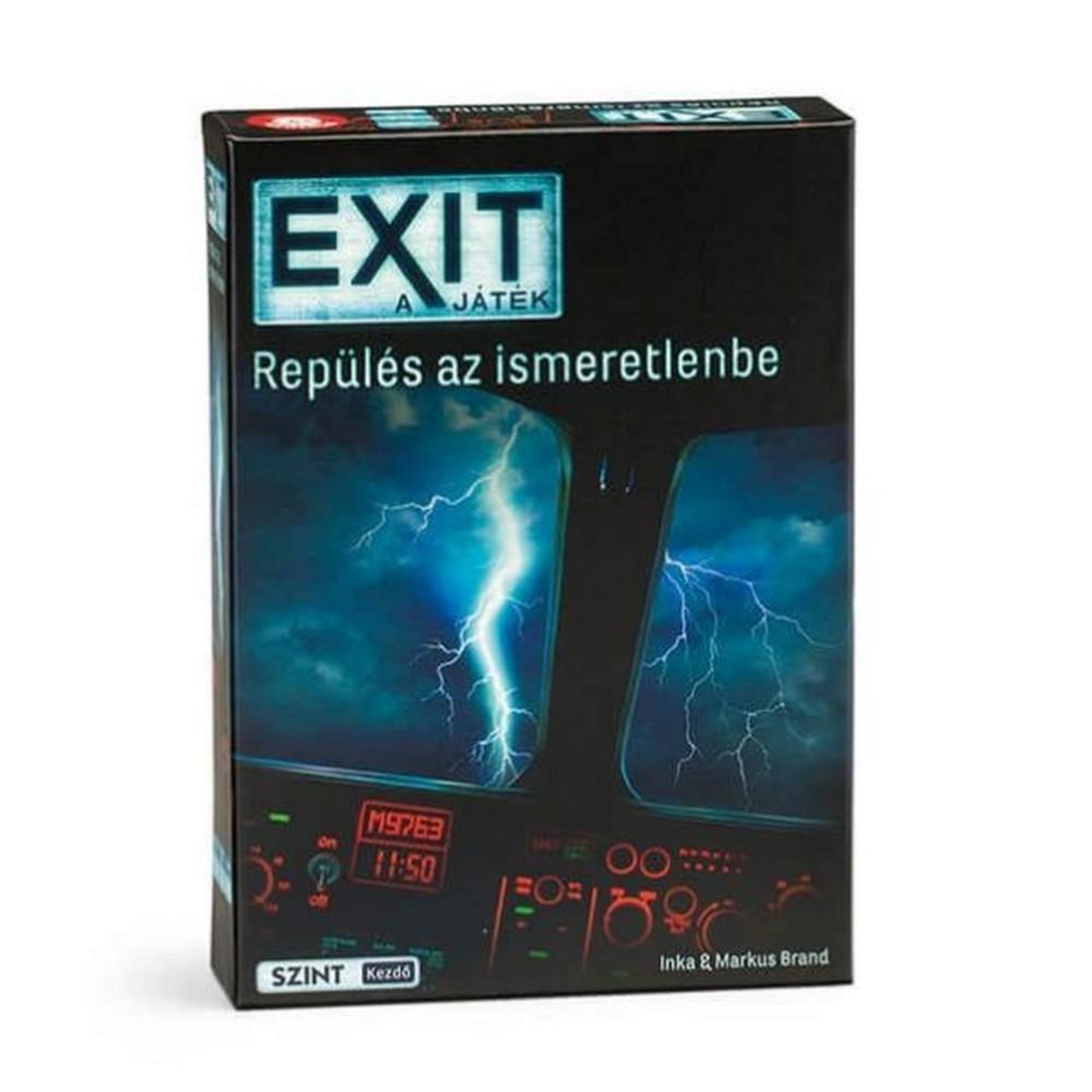 EXIT – Repülés az ismeretlenbe társasjáték doboza, amelyen egy viharos égbolt és egy repülőgép pilótafülkéjének ablaka látható villámokkal, feszültségteli hangulatot árasztva.