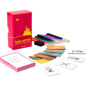 „Az Egy imposztor New Yorkban társasjáték teljes tartalma: doboz, filcek, radír, kártyák és rajzlapok kiterítve.”