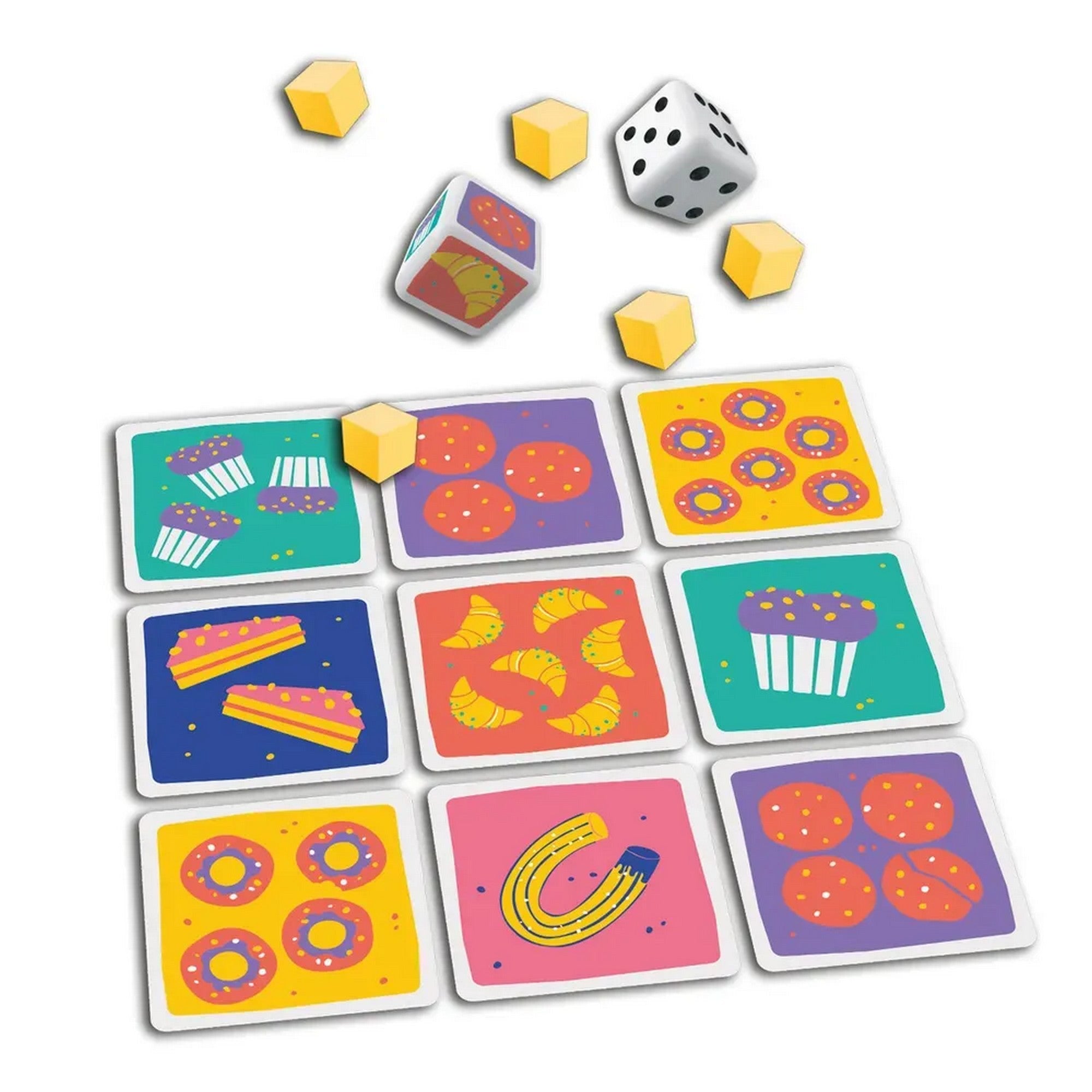 El a kekszekkel! – Játéktábla-részlet kirakott kártyákkal, dobókockával és sárga jelölőkockákkal.