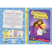 Az Én Istenem, jó Istenem című gyerekkönyv teljes borítója, amelyen a hátlapon rövid ismertető, a gerincen a cím, az előlapján pedig Jézus látható két kisgyermekkel egy lila ágyon ülve, cicával a lábuknál.