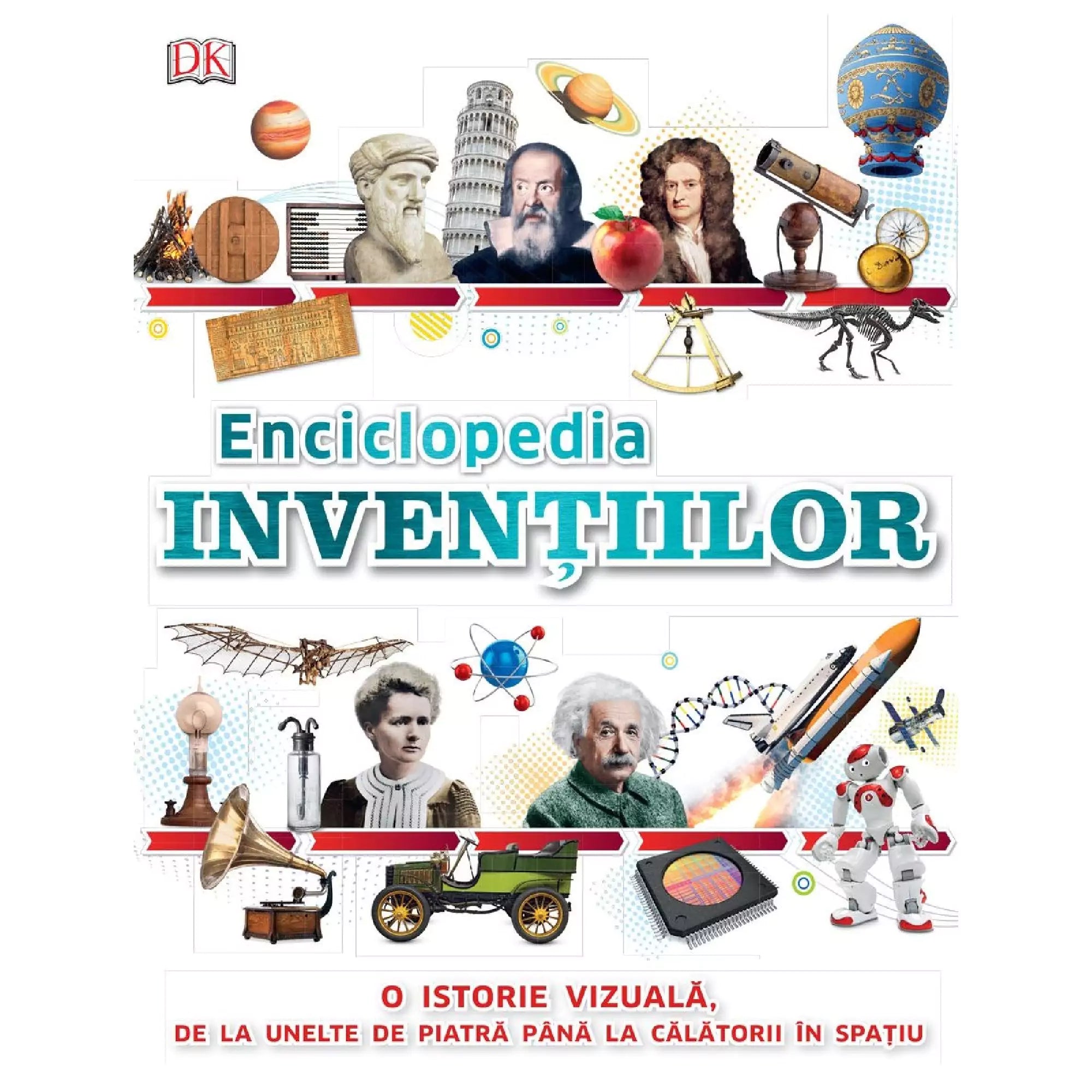 A képen a „Enciclopedia Invențiilor” című ismeretterjesztő könyv borítója látható, amely a találmányok világát mutatja be látványos és izgalmas módon. A borítón híres tudósok és feltalálók portréi (például Leonardo da Vinci, Galileo Galilei, Isaac Newton, Marie Curie és Albert Einstein) szerepelnek, mellettük pedig ikonikus találmányok és tudományos eszközök, mint például a hőlégballon, a mikroszkóp, a gramofon, az űrrepülőgép, a robot és a DNS-spirál. 