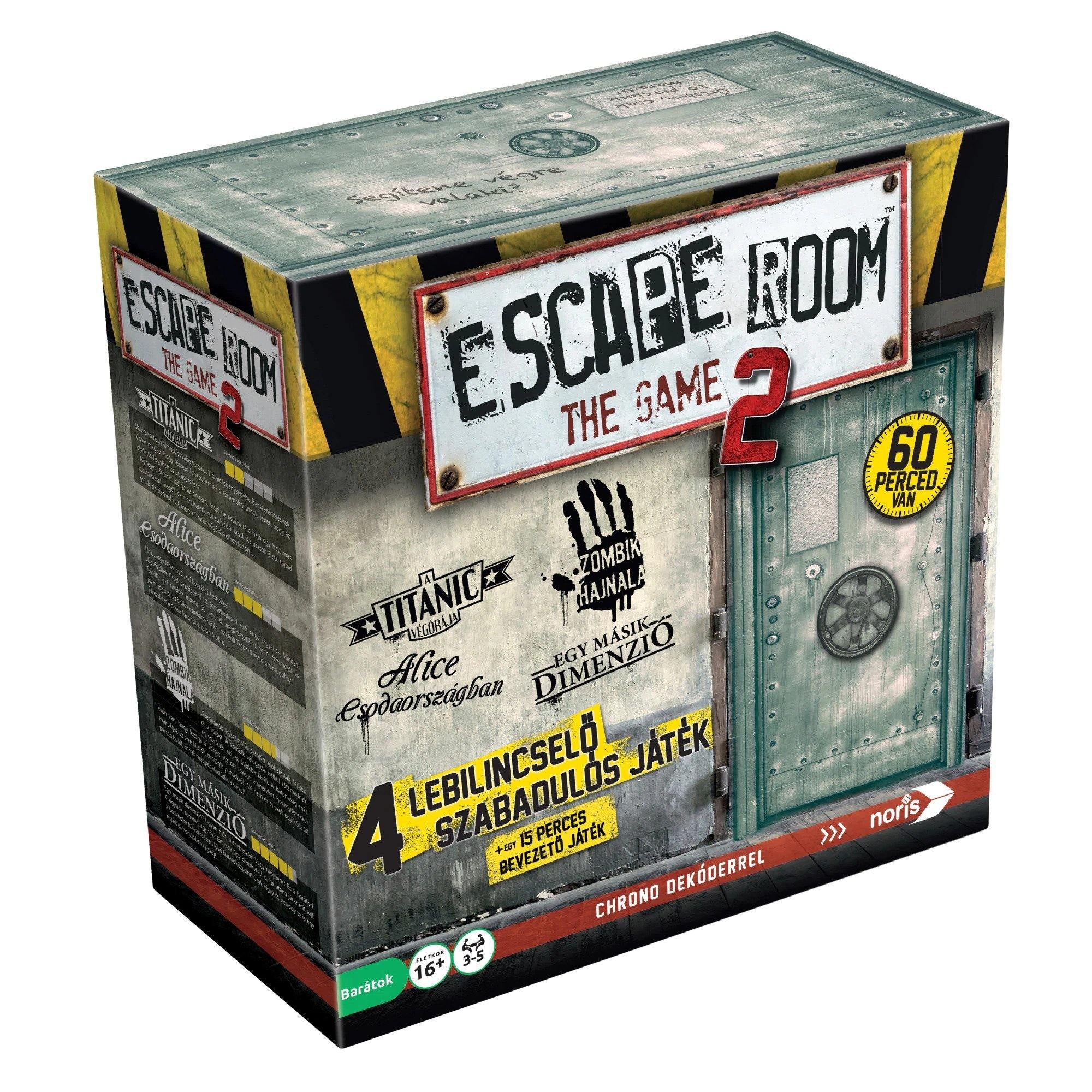 Az Escape Room: The Game 2 doboza, amely négy különböző tematikájú szabadulószobás játékot tartalmaz: A Titanic végórái, Alice Csodaországban, Zombik hajnala és Egy másik dimenzió. A doboz elején fémes ajtó, figyelemfelkeltő piros-fehér logó és sárga „60 perced van” jelzés látható.