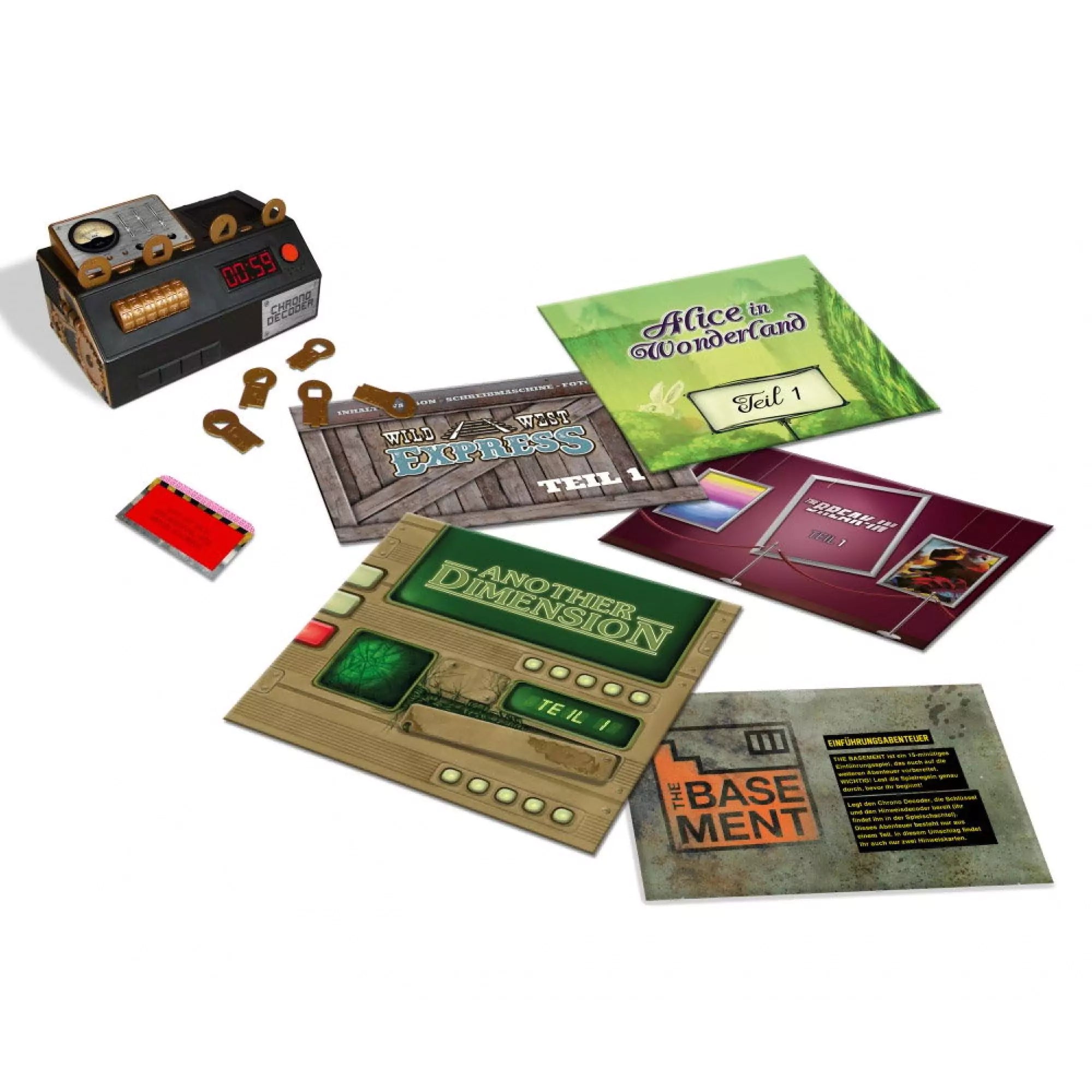 Az Escape Room: The Game 2 társasjáték tartozékai, köztük a Chrono Dekóder digitális időzítővel, több kulcsformájú játékelem, valamint különböző tematikus borítékok és kártyák az egyes küldetésekhez, például „Alice in Wonderland”, „Another Dimension” és „The Basement” felirattal.