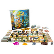 Everdell Duó társasjáték – A doboz és a teljes játékkészlet kiterítve, játéktábla, kártyák, figurák és jelölők fehér háttéren.