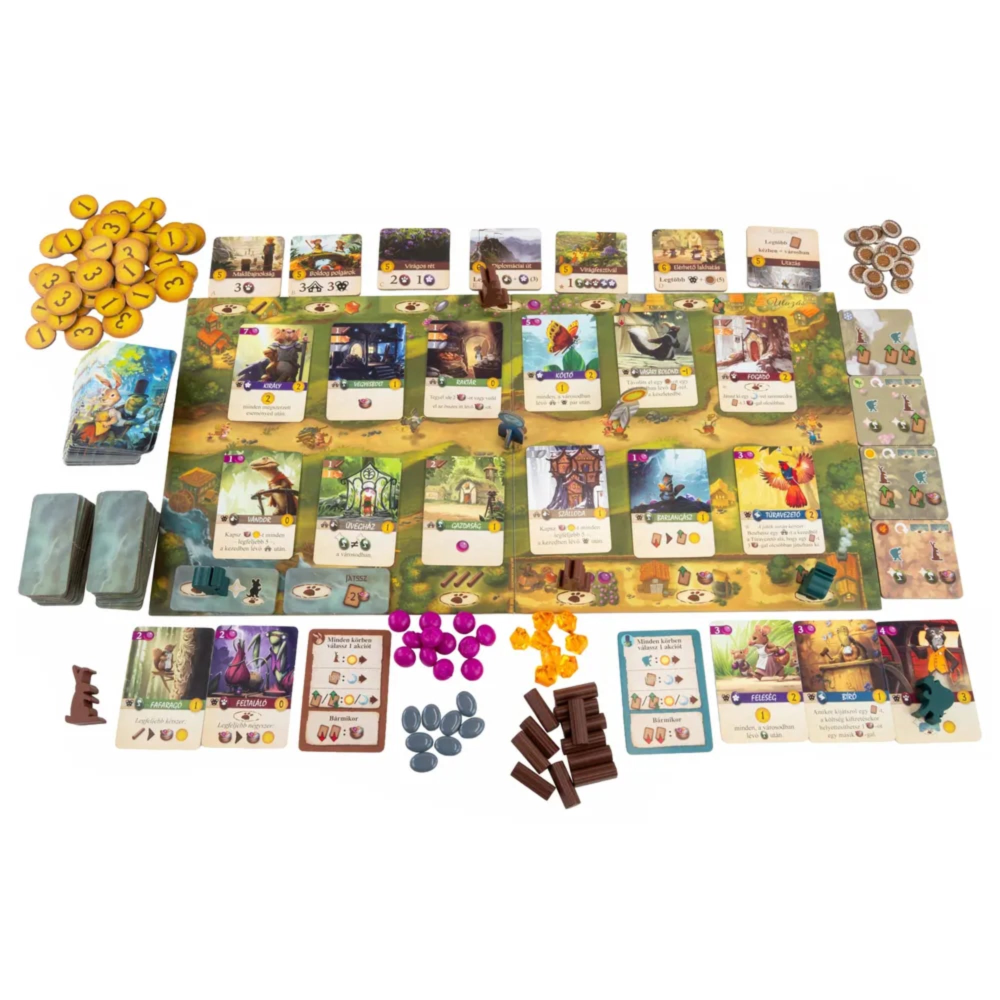 Everdell Duó társasjáték – A játéktábla felülnézetből, elhelyezett kártyákkal, nyersanyagokkal és játékos figurákkal.