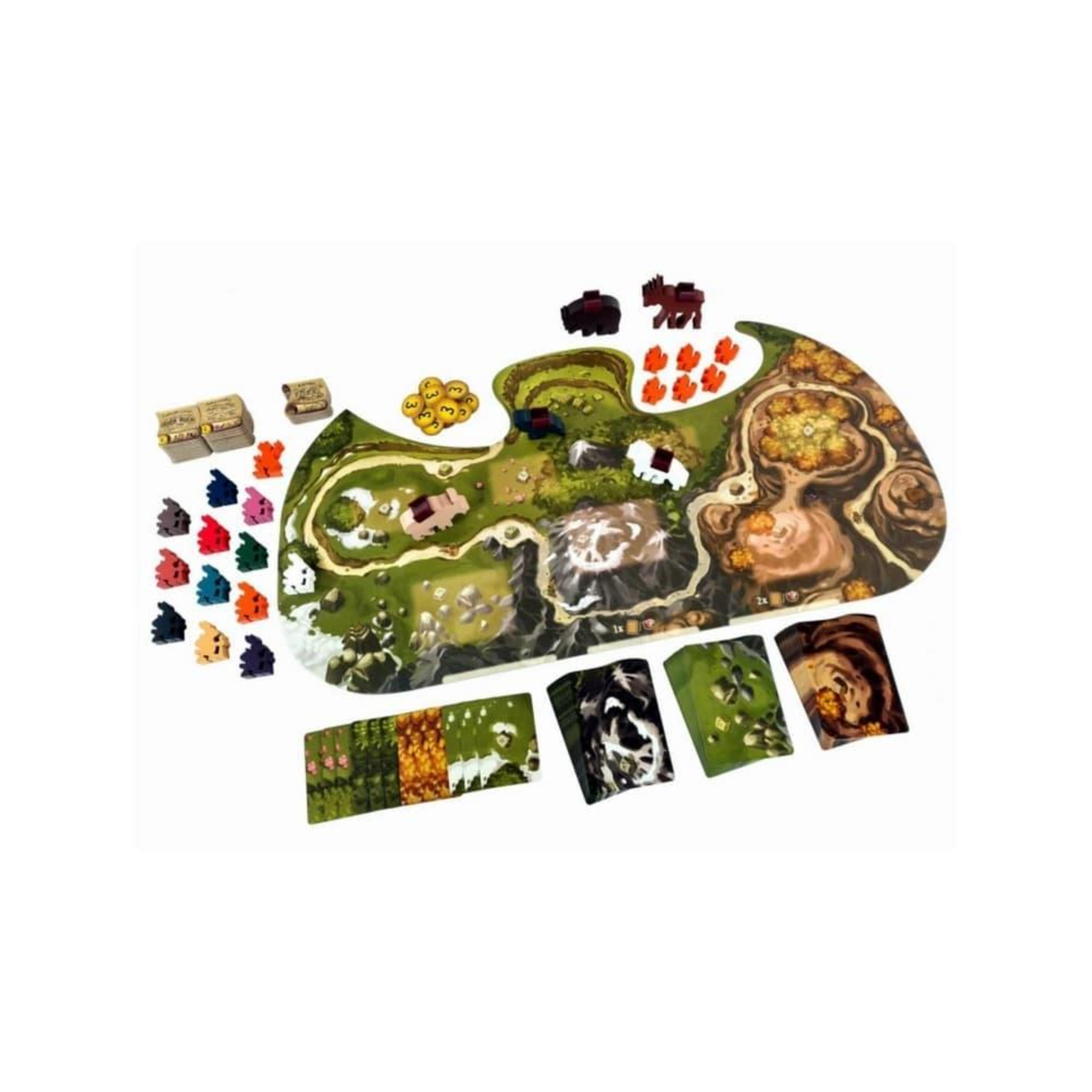 Everdell Fagyberc kiegészítő játéktáblája és fa állatfigurái felülnézetből