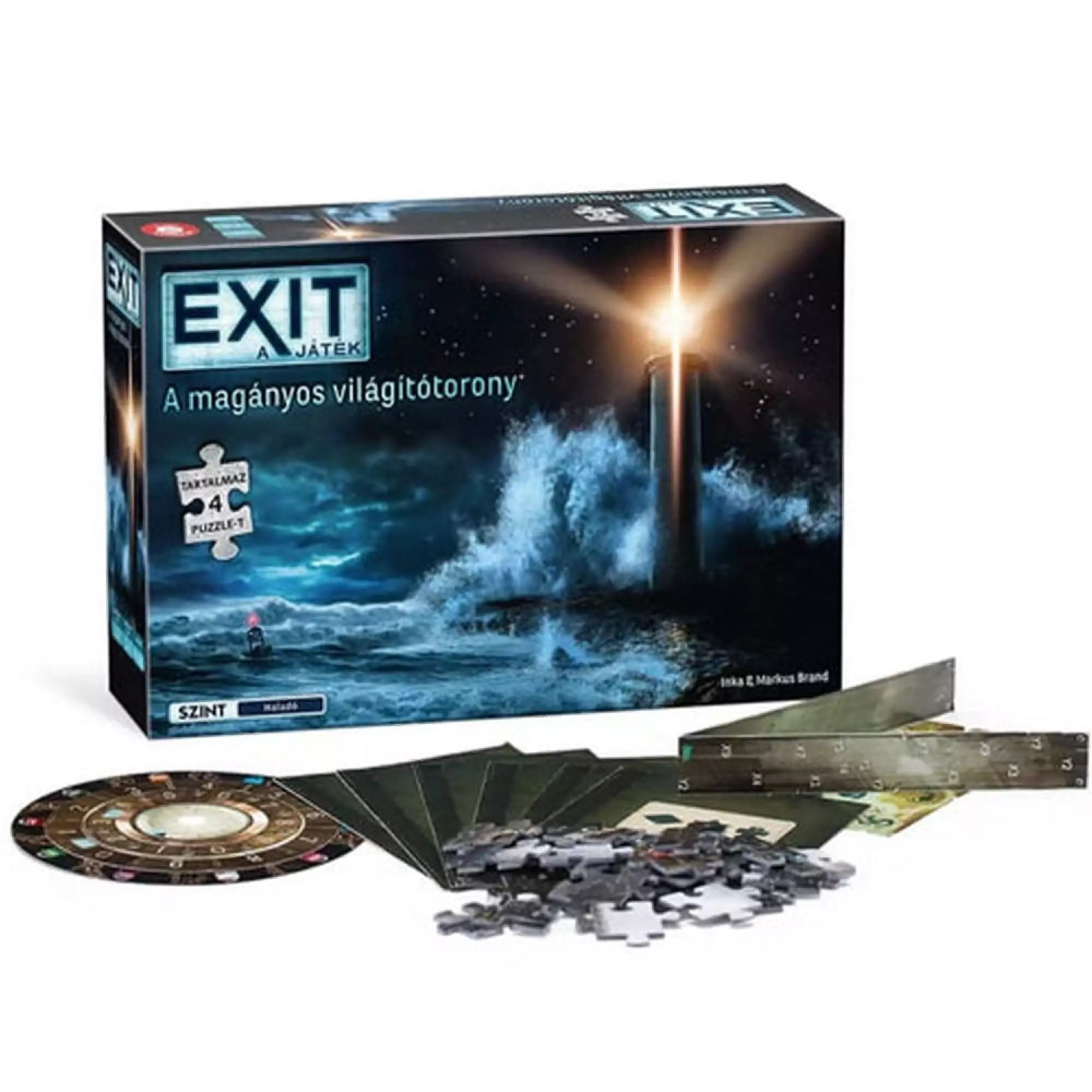 Az „EXIT – A magányos világítótorony” társasjáték doboza, viharos tengeri világítótorony-illusztrációval, a doboz előtt kirakott játékelemekkel: dekódtárcsa, kártyák, vonalzó, puzzle-darabok.