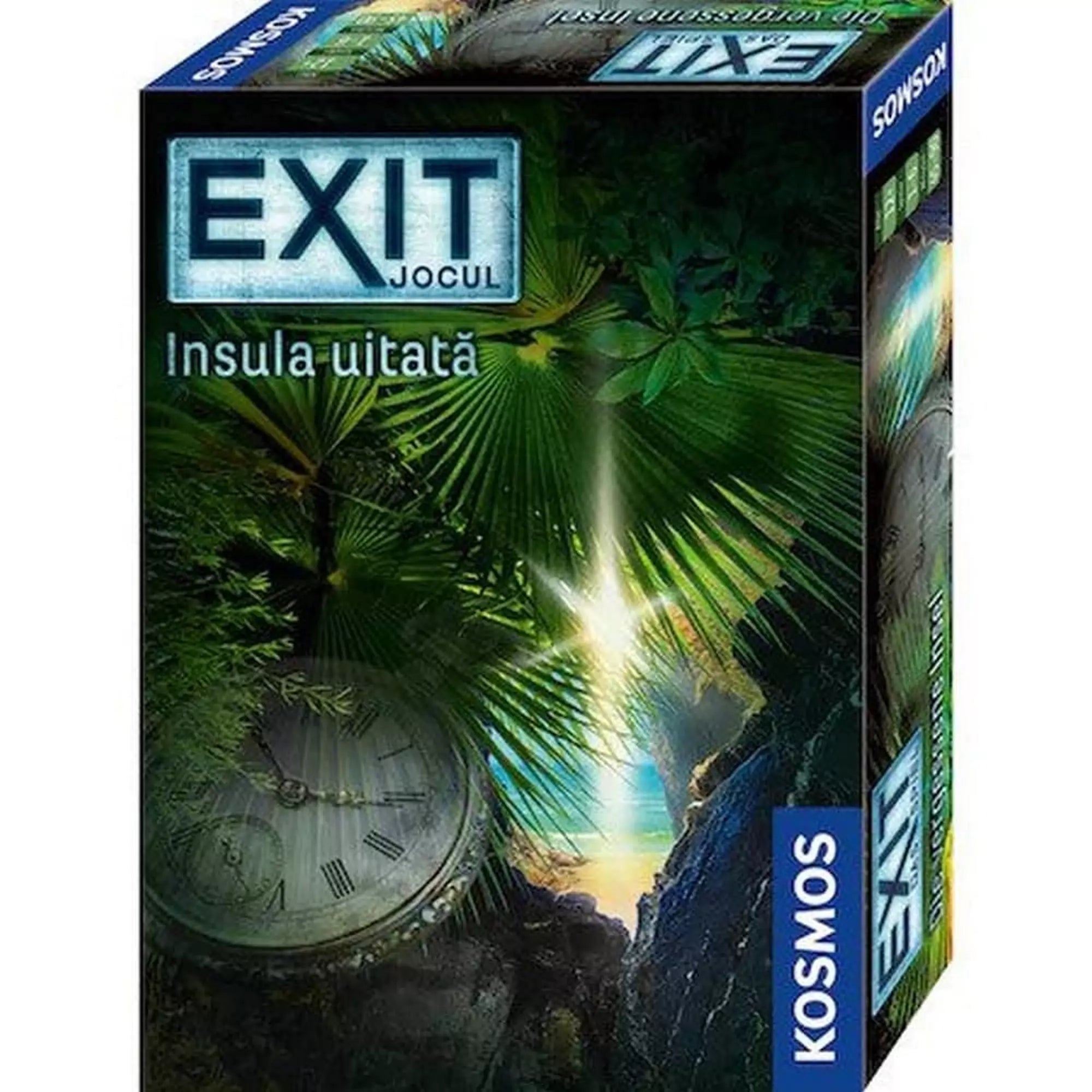 Az „EXIT – Insula uitată” társasjáték román nyelvű doboza, trópusi dzsungel hangulatú borítóval, pálmalevelekkel, fénysugárral és egy mohalepte zsebórával.