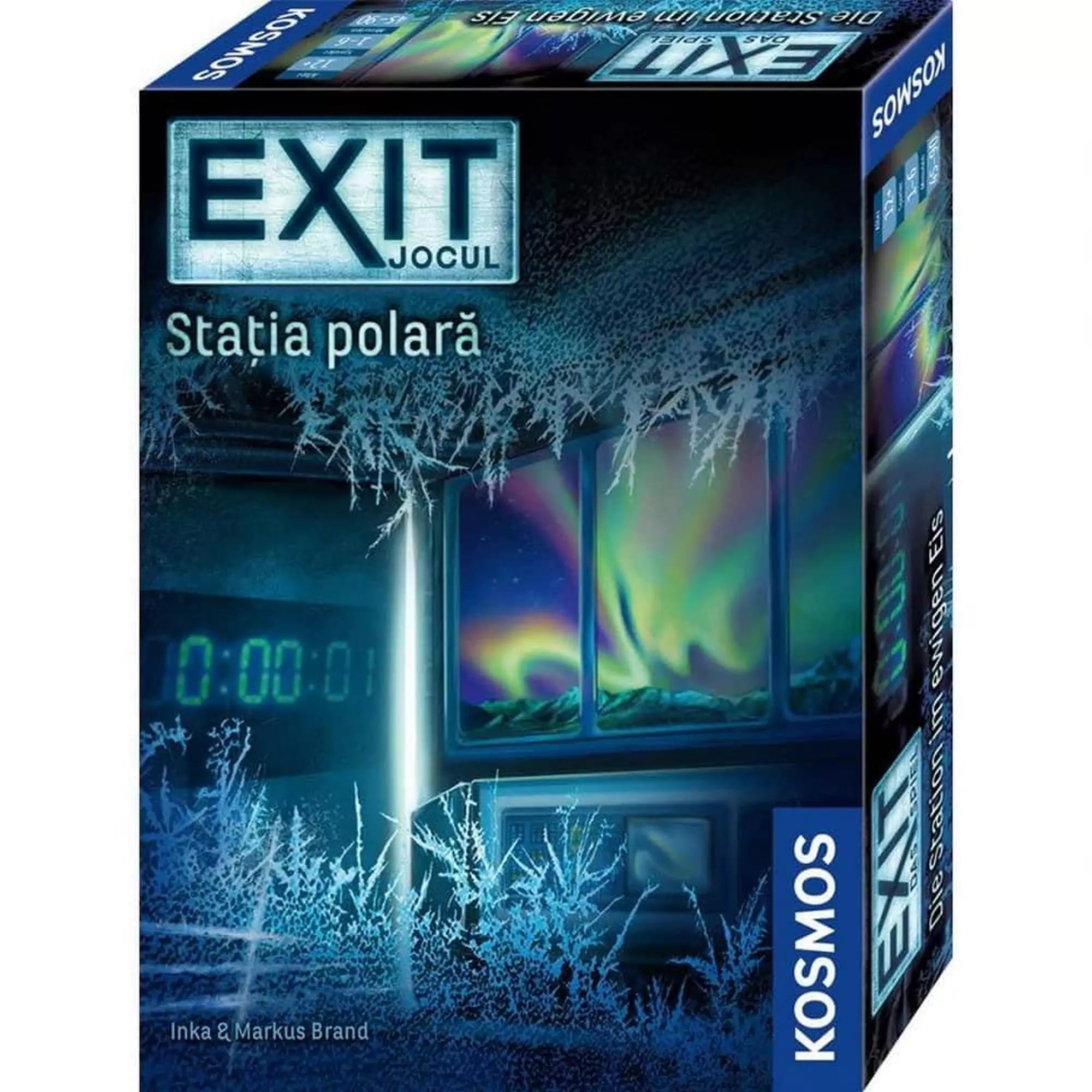 Az EXIT: Állomás a sarkkörön társasjáték doboza, jégkristályokkal borított ablakon át látható sarki fényes tájjal, digitális visszaszámlálóval a háttérben.