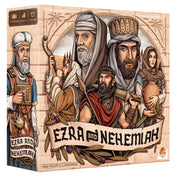 A képen az Ezra & Nehémiás társasjáték doboza látható. A borító ókorban játszódó történelmi hangulatot idéz, középpontjában fontos bibliai alakokkal, köztük papokkal, harcosokkal és építőkkel. A részletes illusztrációk kiemelik a játék tematikáját, amely Jeruzsálem újjáépítését dolgozza fel. A doboz jelzi, hogy a játék 1-4 játékos számára, 13 éves kortól ajánlott, és egy 120 perces stratégiai élményt nyújt.