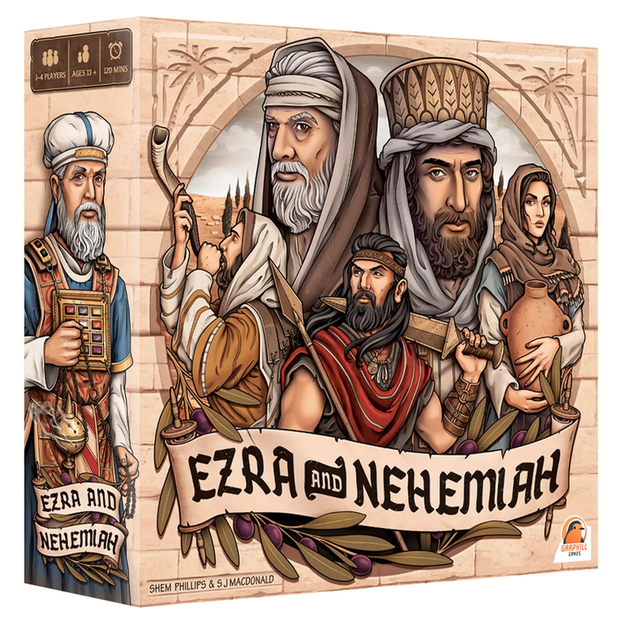 A képen az Ezra & Nehémiás társasjáték doboza látható. A borító ókorban játszódó történelmi hangulatot idéz, középpontjában fontos bibliai alakokkal, köztük papokkal, harcosokkal és építőkkel. A részletes illusztrációk kiemelik a játék tematikáját, amely Jeruzsálem újjáépítését dolgozza fel. A doboz jelzi, hogy a játék 1-4 játékos számára, 13 éves kortól ajánlott, és egy 120 perces stratégiai élményt nyújt.