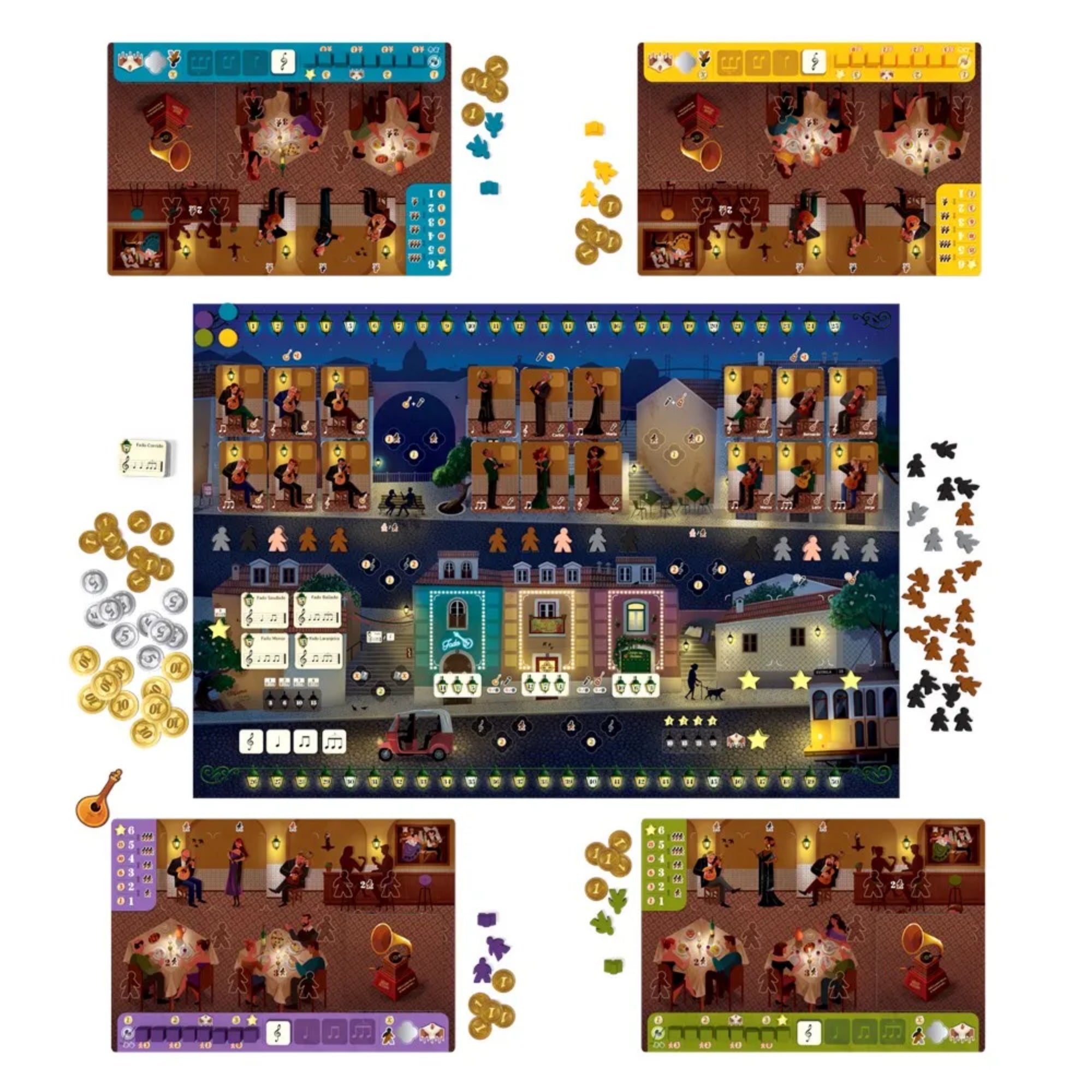 A Fado Ház társasjáték teljes tartalma felülnézetből: központi játéktábla, játékostáblák, érmék, figurák és kártyák.