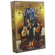 Fado Ház társasjáték doboza hangulatos, lisszaboni utcai jelenettel és zenészeket ábrázoló illusztrációval.