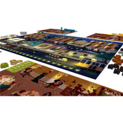 Részletes játékelrendezés a Fado Ház társasjátékból, játékostáblákkal, zenészlapkákkal és pontozósávval.