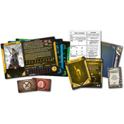 Fagyosrév társasjáték karakterlapjai és játékos komponensei, részletes statisztikákkal, erőforrás-jelölőkkel és tematikus grafikai elemekkel egy epikus fantasy kalandhoz.