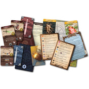 Fagyosrév magyar nyelvű társasjáték kártyái, képesség-, felszerelés- és eseménylapok változatos illusztrációkkal, ikonrendszerrel és tematikus fantasy dizájnnal.