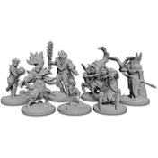 Fagyosrév társasjáték részletgazdag fantasy miniatűr figurái, hősök és szörnyek szürke műanyagból, dinamikus pózokkal és gazdagon kidolgozott részletekkel.