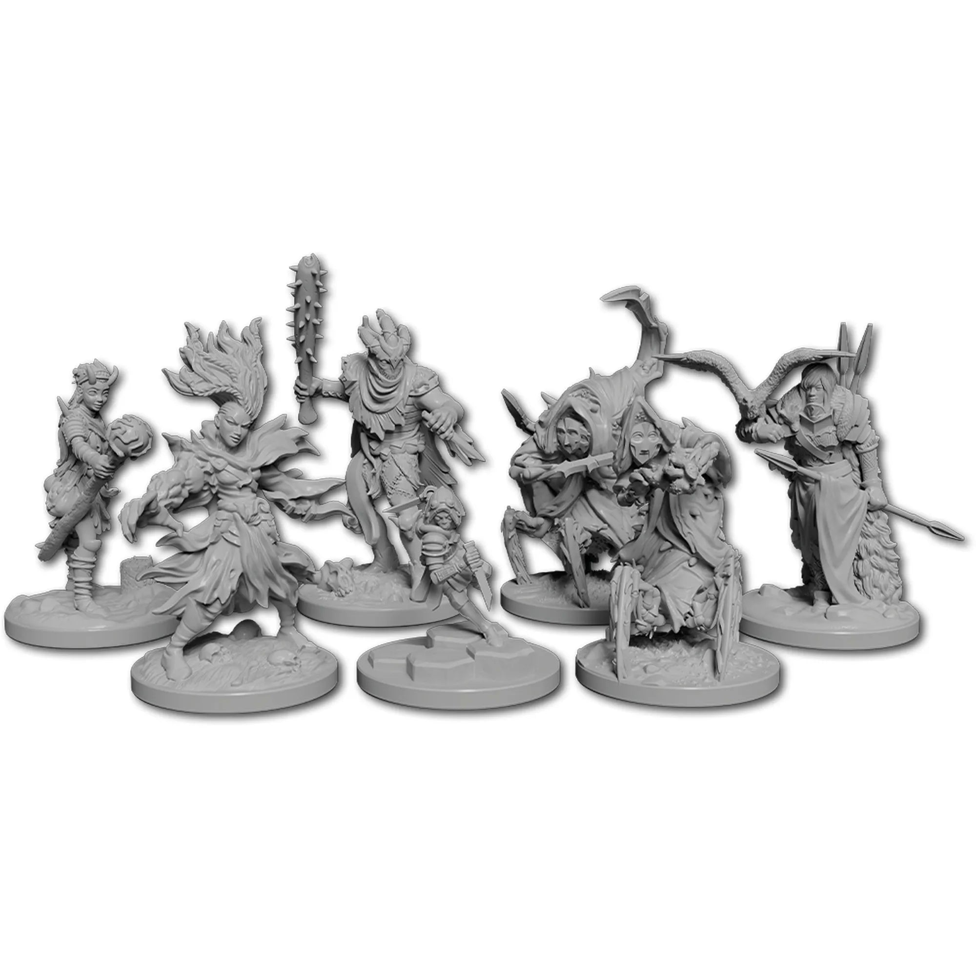 Fagyosrév társasjáték részletgazdag fantasy miniatűr figurái, hősök és szörnyek szürke műanyagból, dinamikus pózokkal és gazdagon kidolgozott részletekkel.