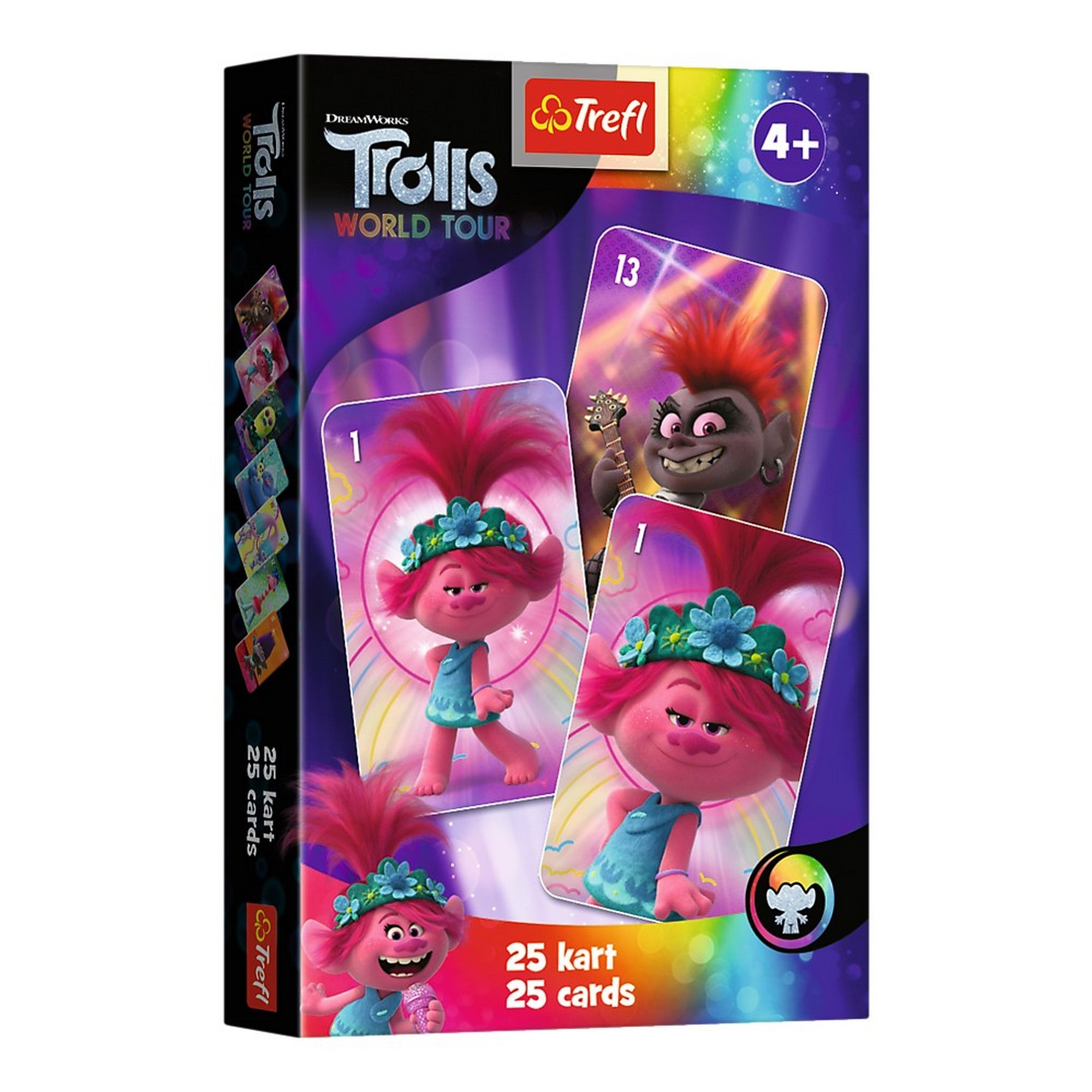 A Trolls World Tour Fekete Péter kártyajáték doboza Poppy és Barb karakterkártyáival, színes, csillogó háttérrel.