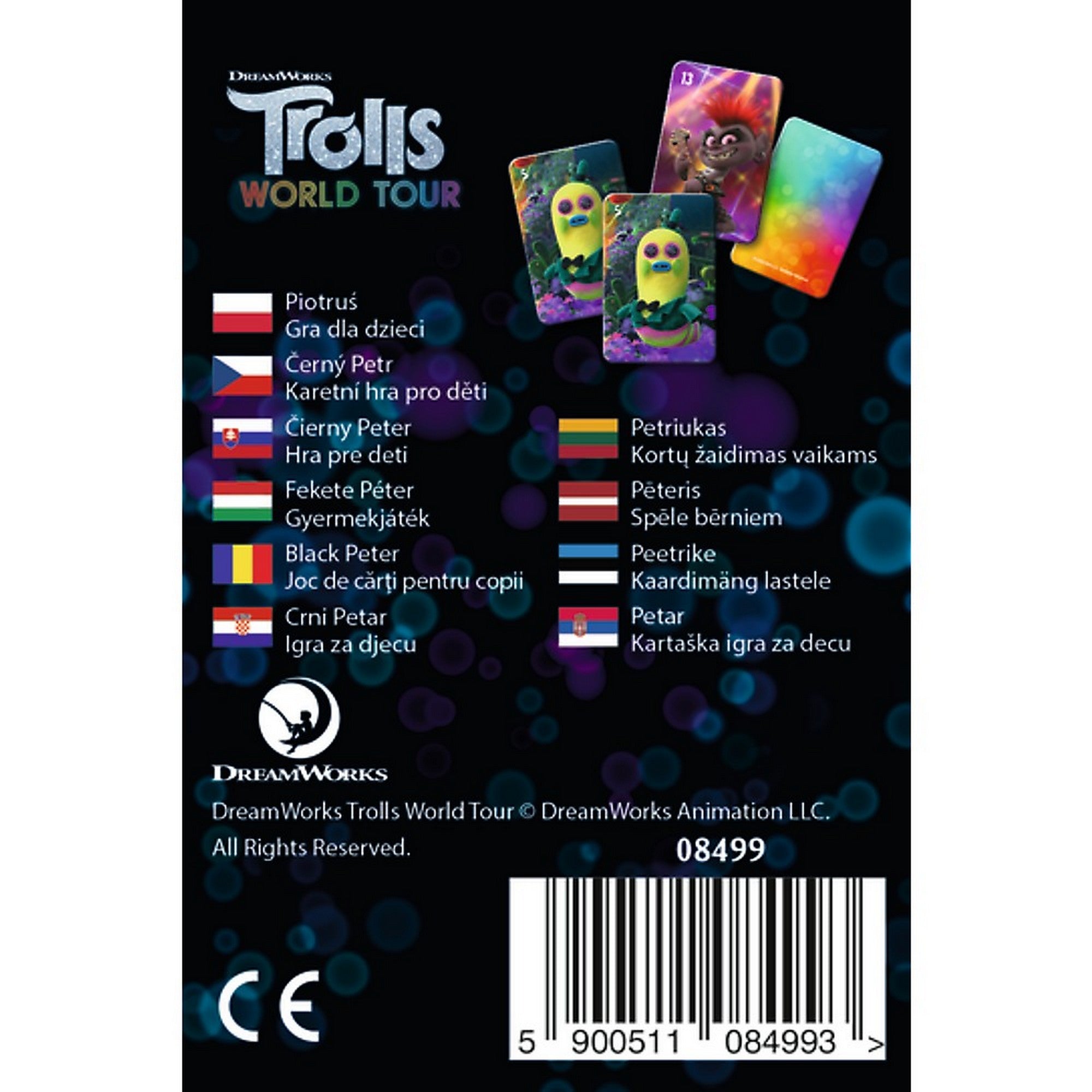 A Trolls World Tour Fekete Péter kártyajáték hátoldala, többnyelvű megnevezésekkel és néhány bemutatott kártyalappal.