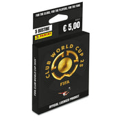 Panini FIFA Club World Cup 2025 gyűjtőkártya csomag, fekete dobozban, arany logóval és 5 csomag matricával, hivatalos licencelt termékként feltüntetve.