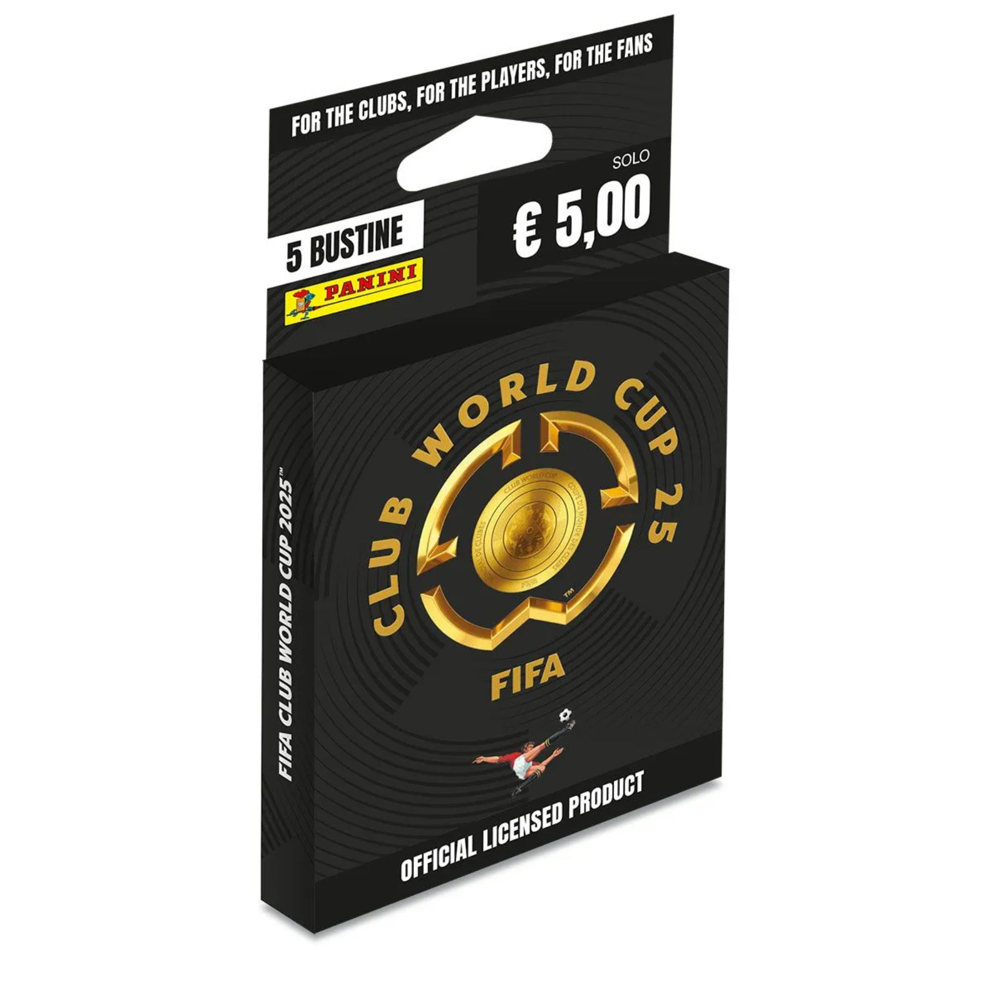 Panini FIFA Club World Cup 2025 gyűjtőkártya csomag, fekete dobozban, arany logóval és 5 csomag matricával, hivatalos licencelt termékként feltüntetve.