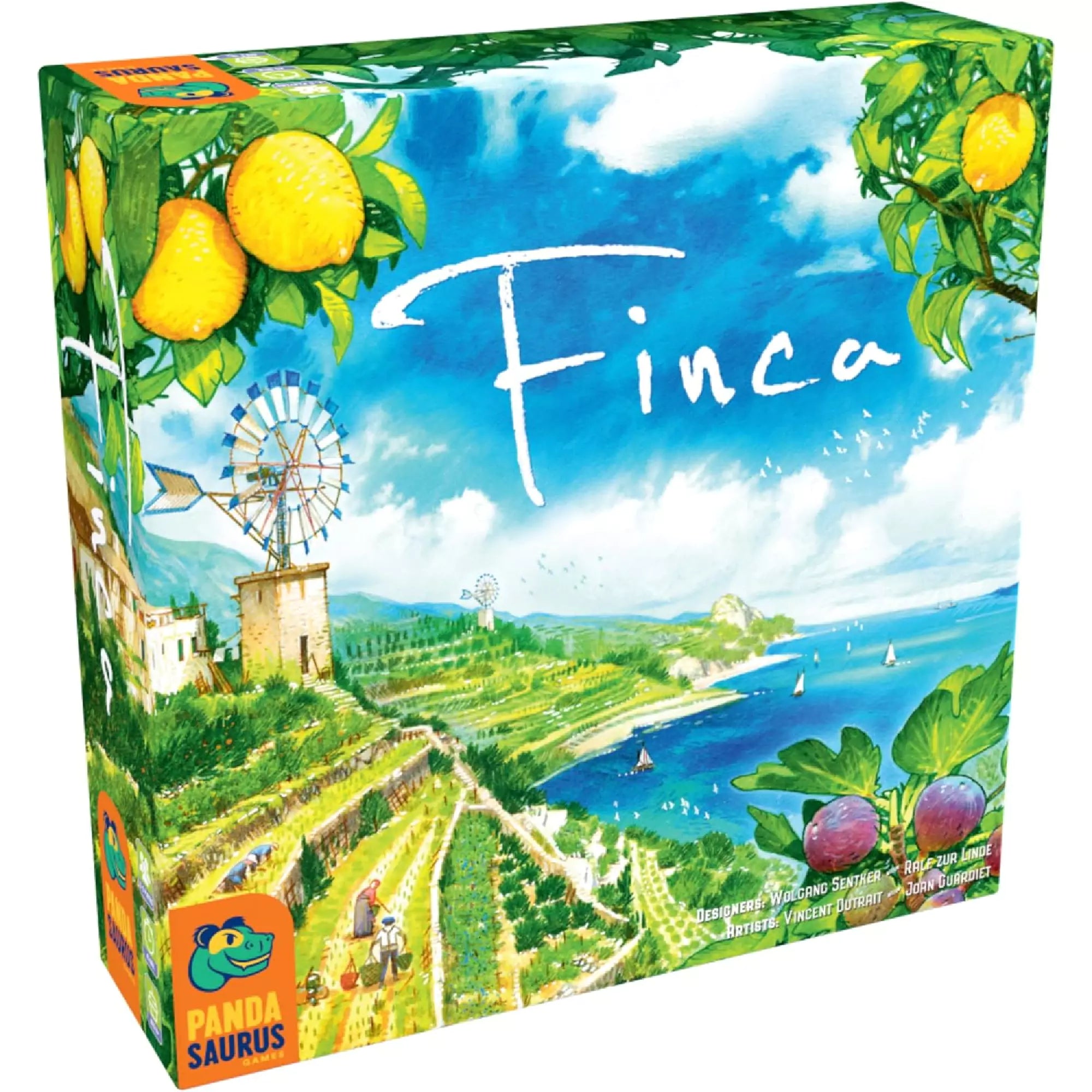 Finca társasjáték doboza, festői mediterrán tájjal, citromfákkal, szőlővel és tengerparti kilátással illusztrálva.