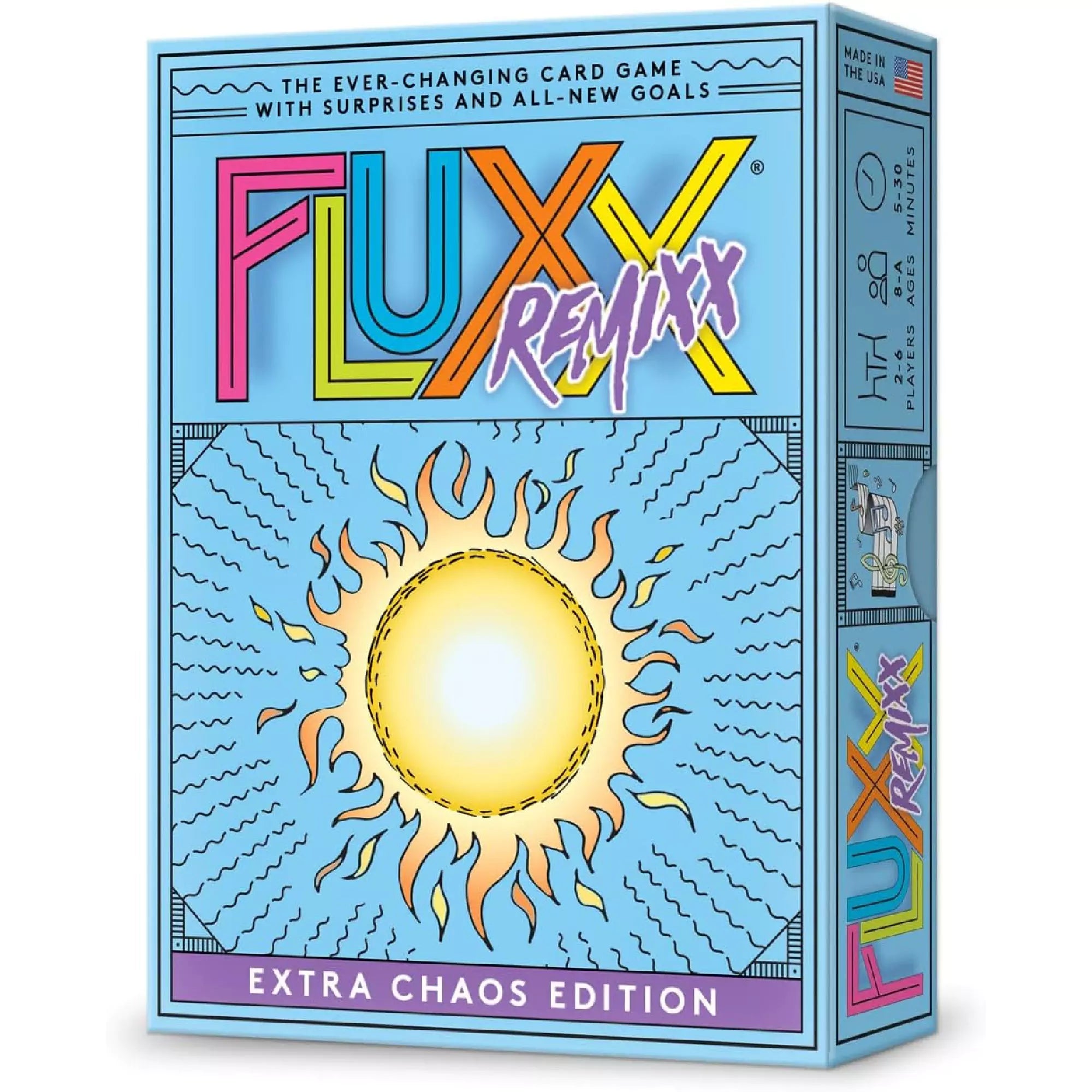 Ez a kép a Fluxx Remixx - Extra Chaos Edition társasjáték dobozát ábrázolja. A doboz színes és figyelemfelkeltő dizájnja jól tükrözi a játék dinamikus, változatos és kaotikus jelleget. A játék célja a folyamatosan változó szabályokkal és meglepetésekkel való szórakozás, és a dobozon egy napra emlékeztető motívum található, ami a játék kreatív, szórakoztató légkörét erősíti.
