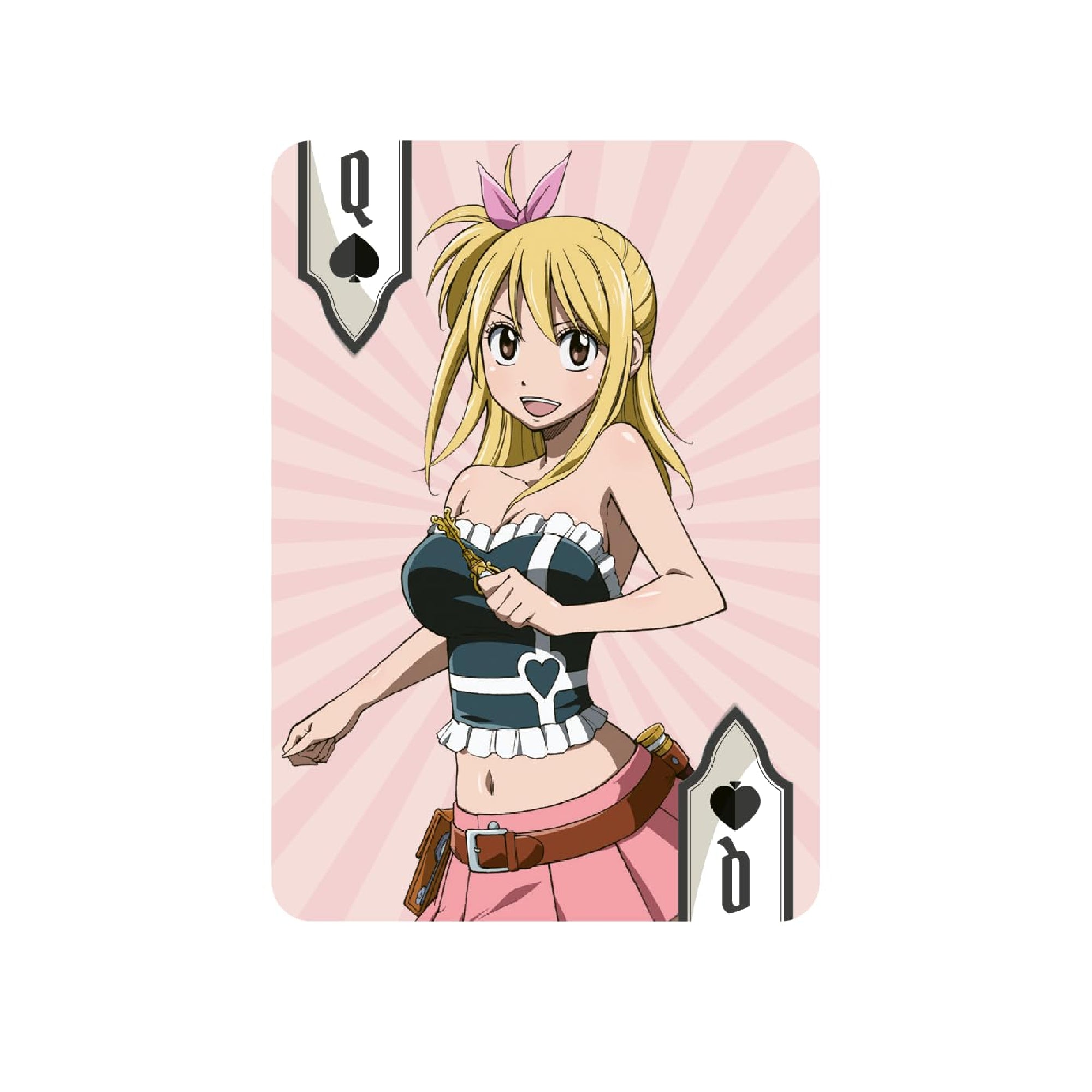 Fairy Tail francia kártya Dáma lapja, Lucy Heartfilia karakterábrázolással, rózsaszín háttérrel, fekete pikk színnel és részletes anime stílusú grafikával.