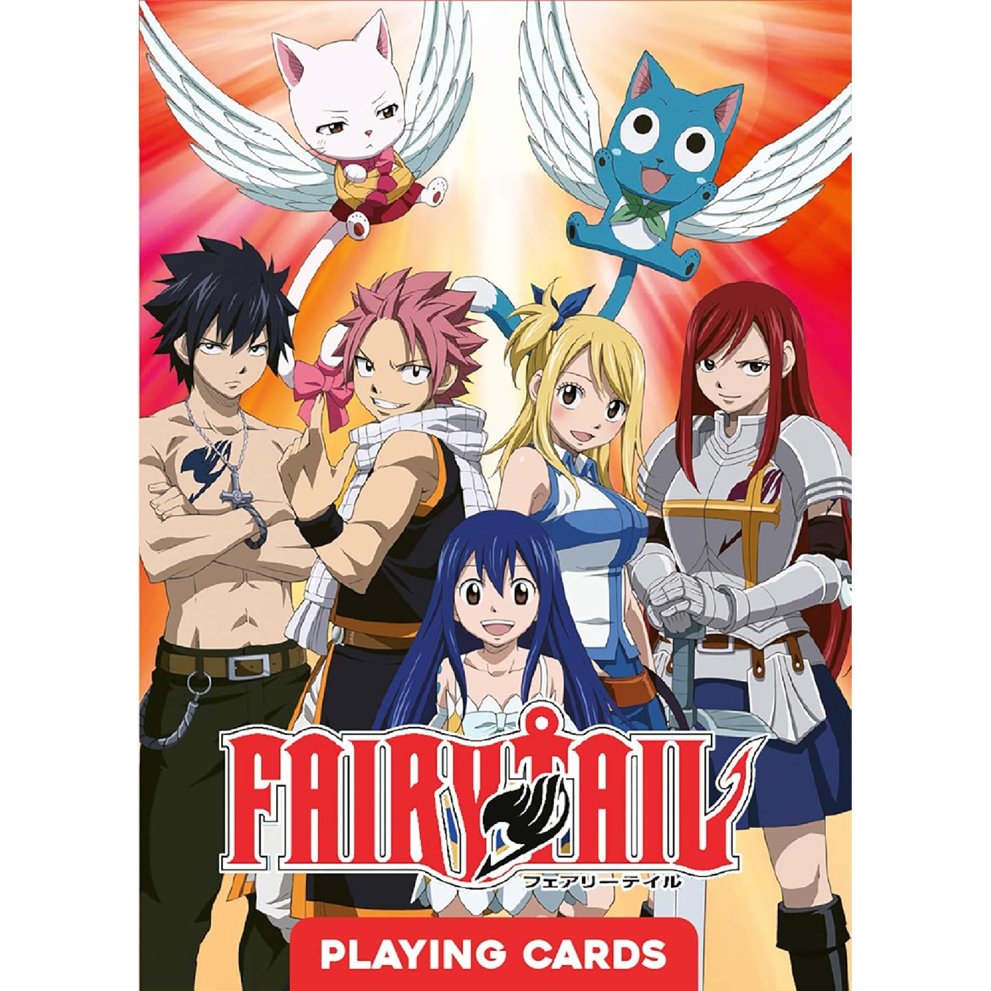 Fairy Tail manga francia kártyapakli dobozának elölnézeti borítója, a főszereplő csapat teljes alakos anime illusztrációjával, élénk színekkel és „Playing Cards” felirattal.