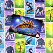 Freigard társasjáték egyik részletesen illusztrált kártyája, amely egy repülő, mechanikus kastélyt ábrázol éjszakai égbolt alatt.