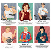 Sportfröccs társasjáték karakterkártyái, egyedi figurákkal és speciális képességekkel.