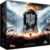 A Frostpunk: The Board Game társasjáték dobozának eleje, amelyen egy hatalmas gőzgenerátor magasodik a fagyott, apokaliptikus táj felett, a doboz közepén a Frostpunk logóval és a The Board Game felirattal